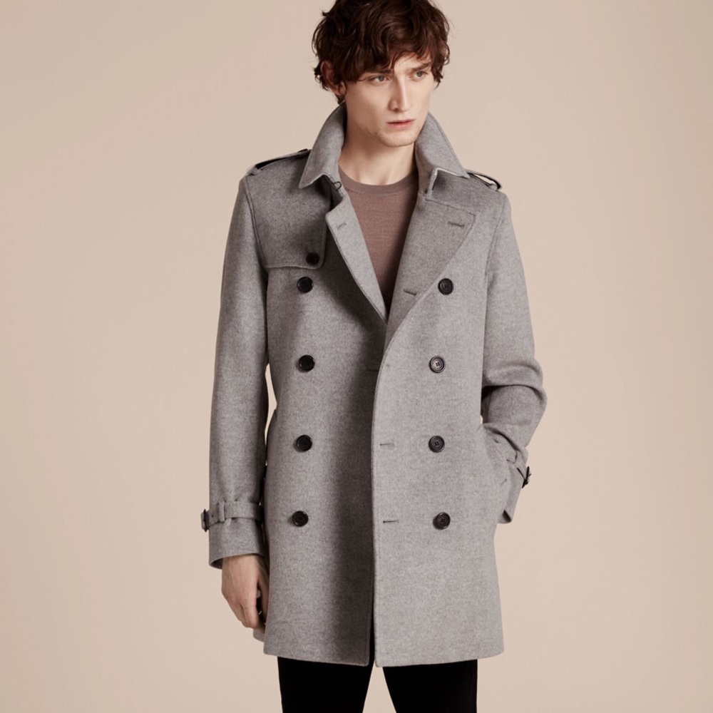 NWT BURBERRY KENSINGTON GRAY WOOL CASHMERE CHECK COLLAR TRENCH COAT US 42 EUR 52